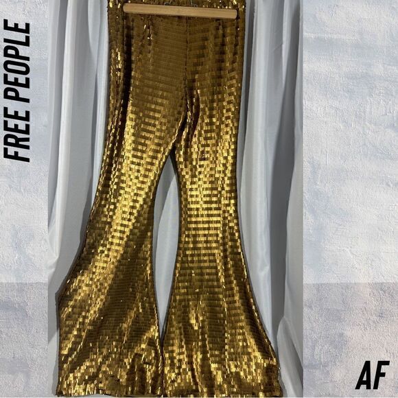 FREE PEOPLE GOLD MATTE PARTY PANTS BELLBOTTOM FLARE NWT XS - Picture 7 of 9